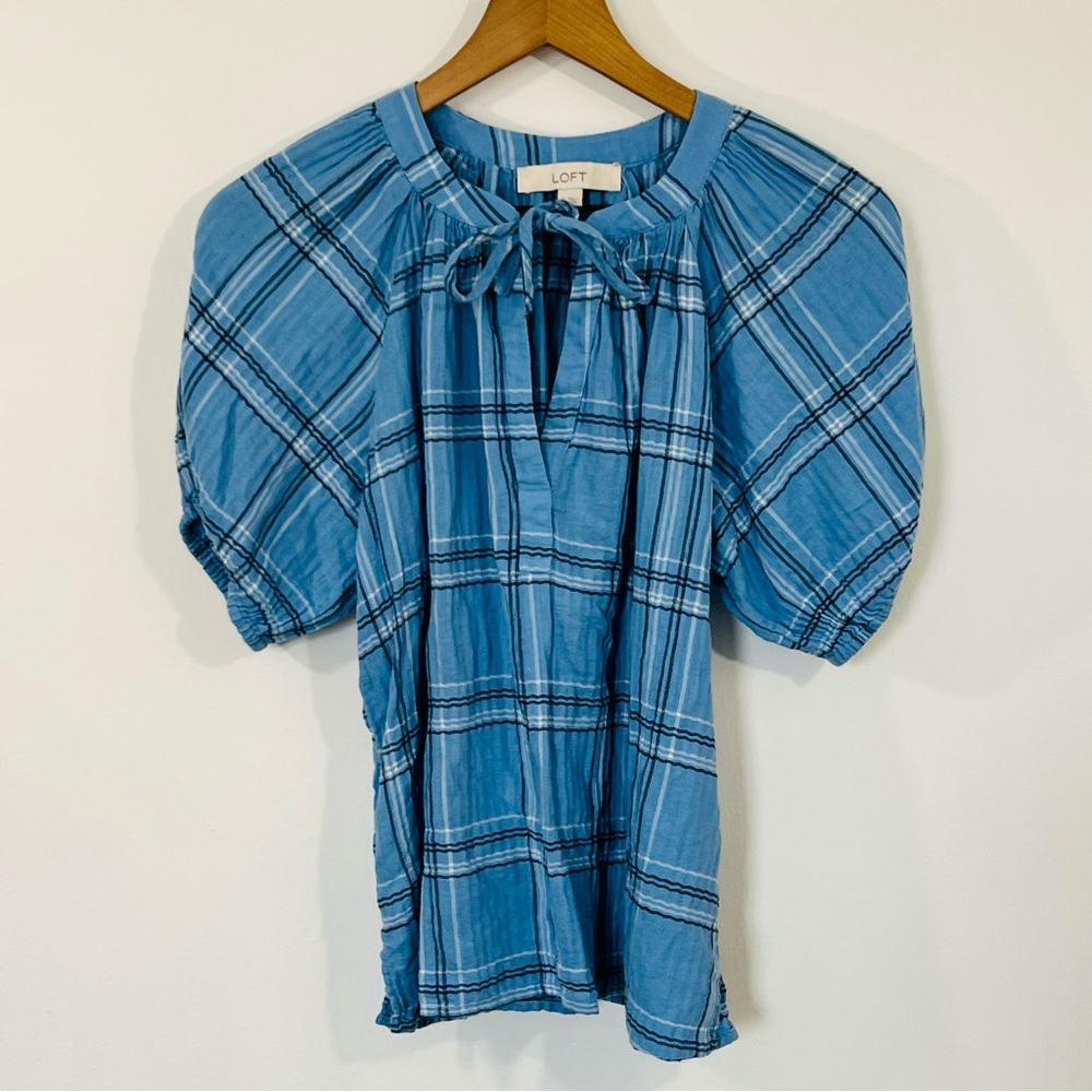 LOFT Blue Short Puff Sleeve Keyhole NeckPlaid Print Peasant Fit Sz S Cotton Mix